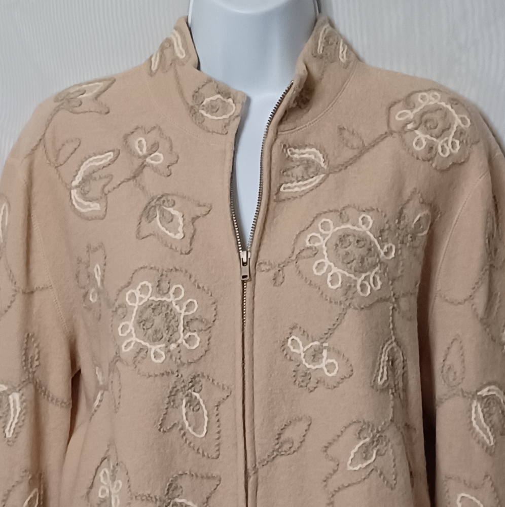 JONES NEW YORK Cream Floral Merino Wool Zipper Front Swearter. L - Picture 3 of 13